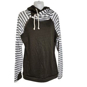 Plush Boutique Womens Sweatshirt Small Olive Green Cream Double Hood Striped